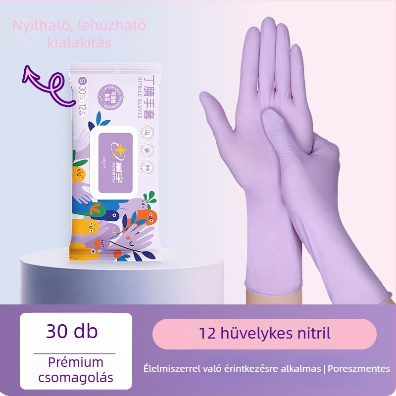 Egyszer használatos nitril kesztyűk, élelmiszer-minőségű, vastagított, olajatűrő, háztartási konyhai tisztításhoz