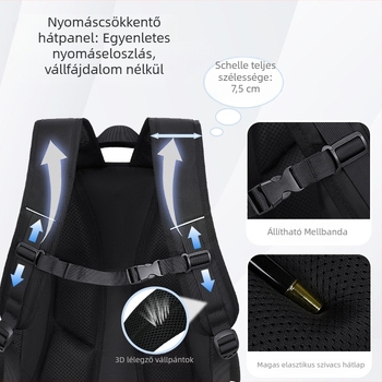 Iskolai hátizsák, uniszex, Oxford anyag, légáteresztő, vízálló, kopásálló, ívelt vállpántok