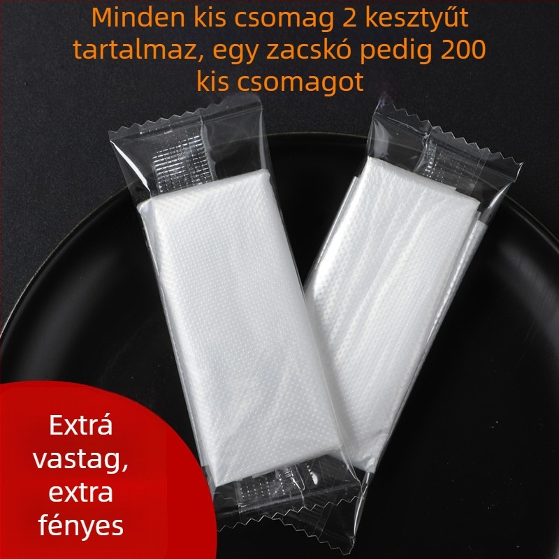Egyszer használatos PE kesztyűk, 0,05–0,1 mm vastagság, élelmiszer-minőség, 2 db csomagolásonként, testreszabható logó