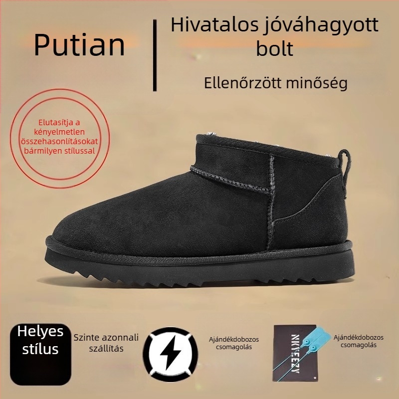 Szőrme-integrált felsőrészű téli csizma, termikus, karbon gumi külső talppal, kerek orrú