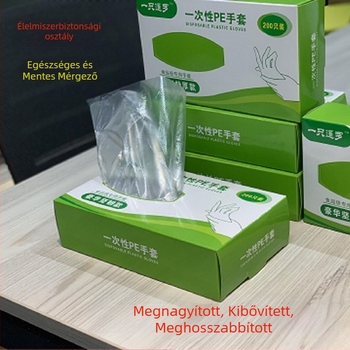 Boxolt egyszer használatos kesztyűk, élelmiszer-minőségű polietilén, vastagított, konyha és catering számára (12 hónapos eltarthatóság; egyszínű minta; logónyomás elérhető)