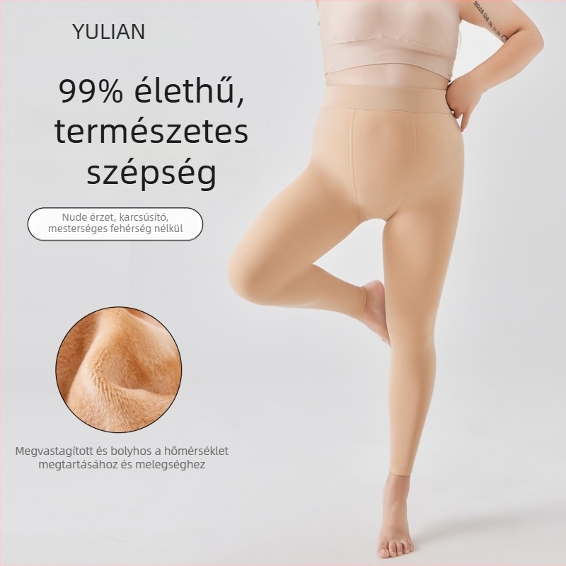 Plusz méretű 9/10 hosszúságú fleece-béléssel ellátott harisnya, csúszásmentes ágyékkal, bőrbarna árnyalat, hatás – mintha mezítláb lennének, téli vastag harisnyák