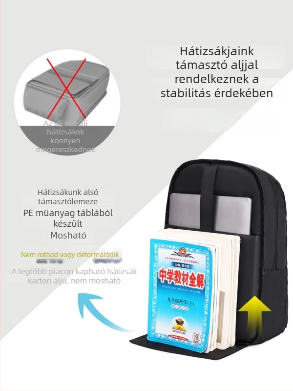 Uniszex iskolai hátizsák gimnáziumi használatra, könnyű, nagy kapacitású, vízálló poliészter, ergonómikus görbült vállpántok