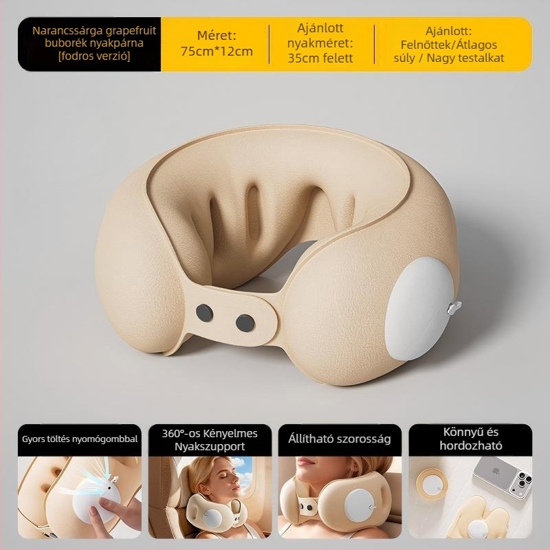 Cyan U-alakú felfújható utazó párna PVC anyagból, levegővel töltve, rajzfilmszerű stílus, autóban, utazáshoz, kempingezéshez és repülőn használható