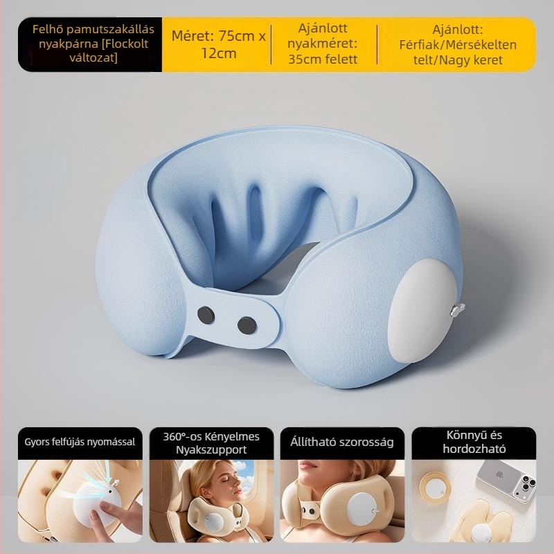 Cyan U-alakú felfújható utazó párna PVC anyagból, levegővel töltve, rajzfilmszerű stílus, autóban, utazáshoz, kempingezéshez és repülőn használható