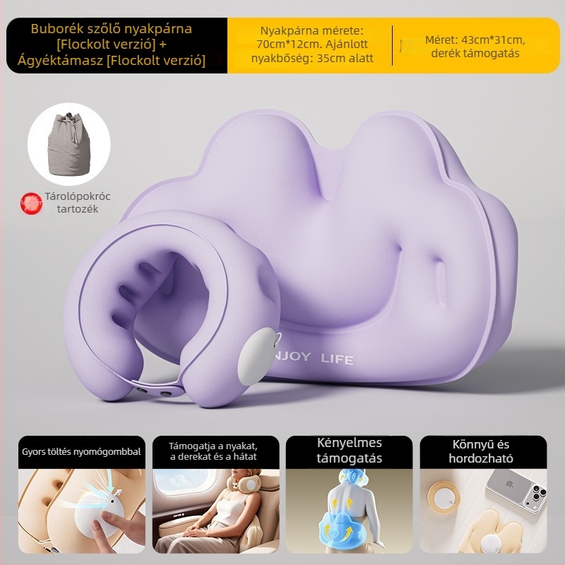 Cyan U-alakú felfújható utazó párna PVC anyagból, levegővel töltve, rajzfilmszerű stílus, autóban, utazáshoz, kempingezéshez és repülőn használható