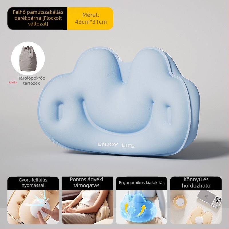 Cyan U-alakú felfújható utazó párna PVC anyagból, levegővel töltve, rajzfilmszerű stílus, autóban, utazáshoz, kempingezéshez és repülőn használható