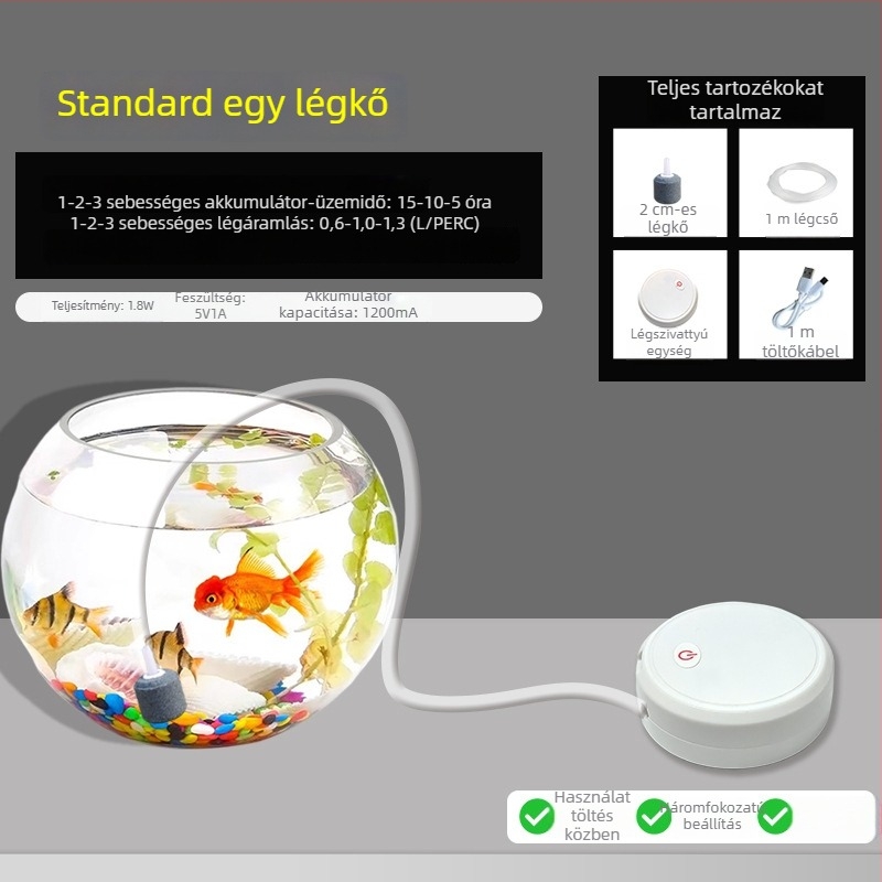 Kompakt akváriumi oxigénpumpa, újratölthető mini levegőztető halaknak, teljesen automata és csendes otthoni használatra