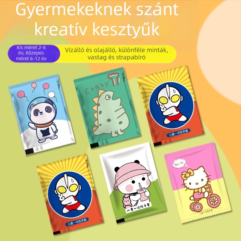 Eldobható, vastag PE étkezési kesztyűk, gyerekeknek, mesefigurás stílus, egyenként csomagolt, átlátszó, 2 db