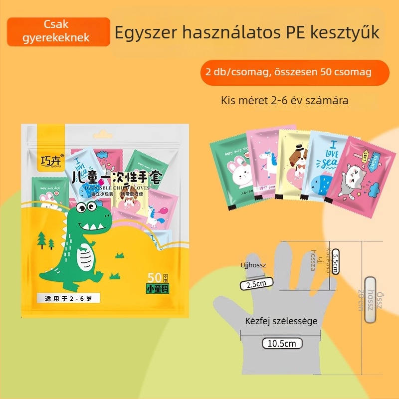 Eldobható, vastag PE étkezési kesztyűk, gyerekeknek, mesefigurás stílus, egyenként csomagolt, átlátszó, 2 db