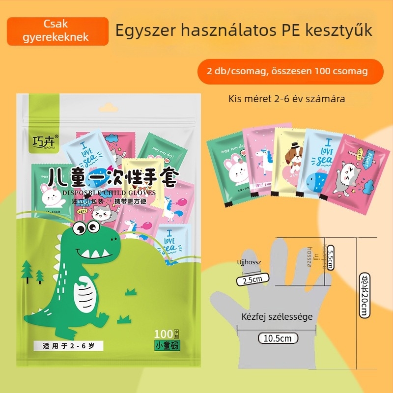 Eldobható, vastag PE étkezési kesztyűk, gyerekeknek, mesefigurás stílus, egyenként csomagolt, átlátszó, 2 db