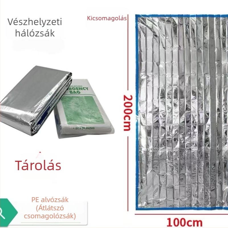 Kültéri vészhelyzeti hálózsák, izolált borítószerű kialakítású, felnőtteknek (Bélés: PE alumínium fólia; Anyag: PET alumínium fólia; Súly: 120 g)