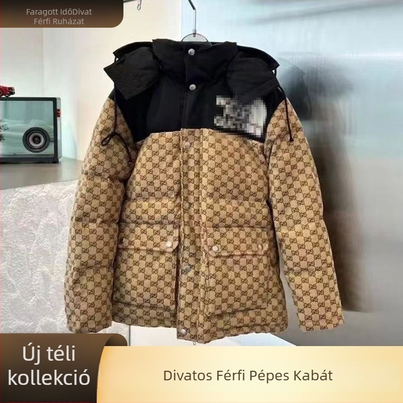 Férfi téli kabát kapucnival, pamuttöltő, jacquard anyag, 3D patch zsebek, cipzár