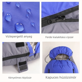 Felnőtt kültéri hálózsák tollas velúr töltettel, bélés pongee, nylon anyag, konstrukció boríték, súly 1,6 kg