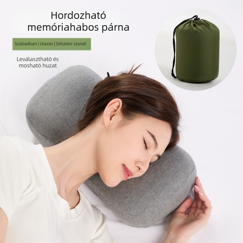 Hordozható utazó nyakpárna kempinghez és irodához (memóriahab, pamut-viszkóz szövet, poliuretán töltet, ovális forma, dupla használat – puha/kemény)