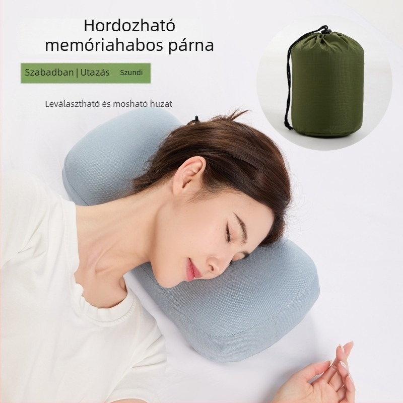 Hordozható utazó nyakpárna kempinghez és irodához (memóriahab, pamut-viszkóz szövet, poliuretán töltet, ovális forma, dupla használat – puha/kemény)
