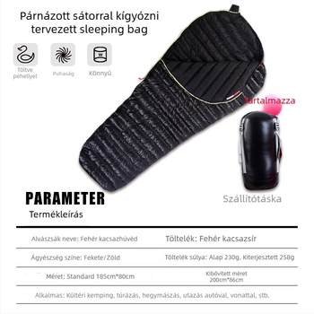 Töltet: goose down; Belső: nylon; Anyag: 400T nylon, vízlepergető és szakadásálló; Tömeg: 0.8-3.4 g