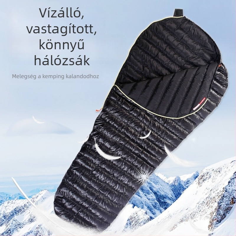 Töltet: goose down; Belső: nylon; Anyag: 400T nylon, vízlepergető és szakadásálló; Tömeg: 0.8-3.4 g