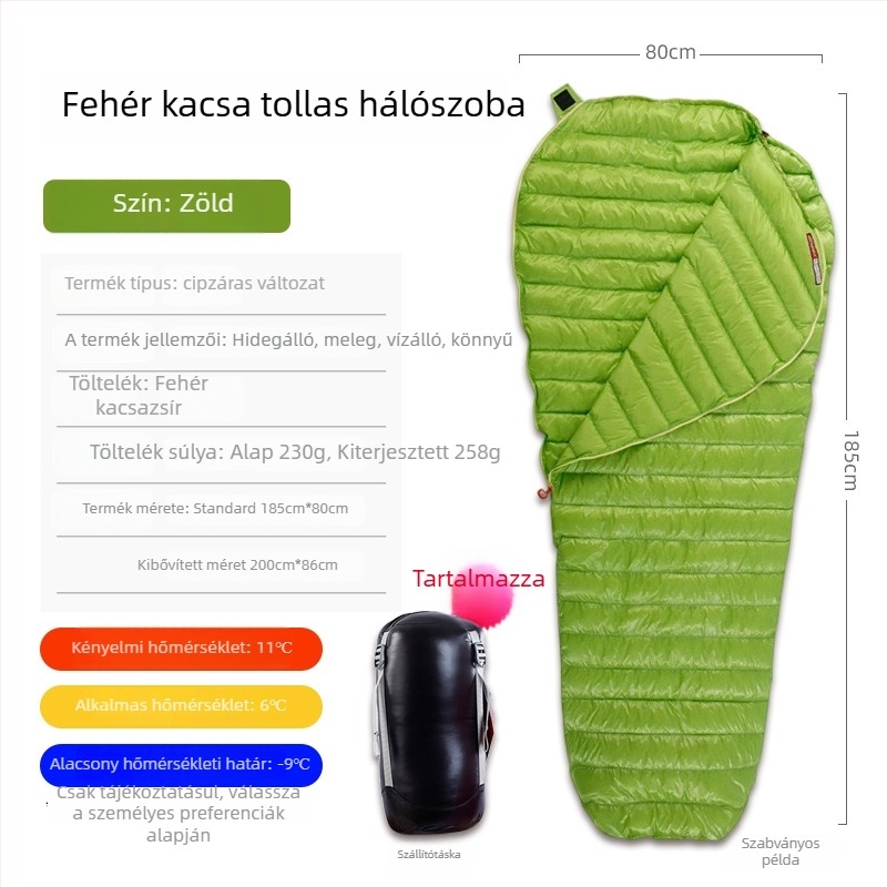 Töltet: goose down; Belső: nylon; Anyag: 400T nylon, vízlepergető és szakadásálló; Tömeg: 0.8-3.4 g