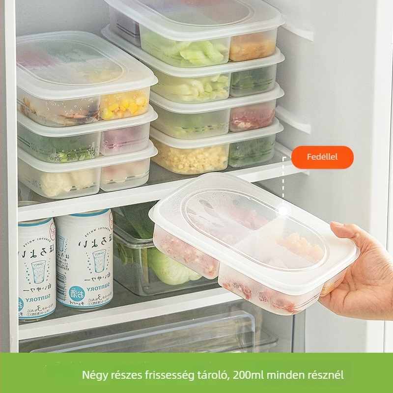 Hűtőszekrény tároló doboz, négy rekeszes, téglalap alakú, átlátszó fedél, zárható, PP alapanyagból.