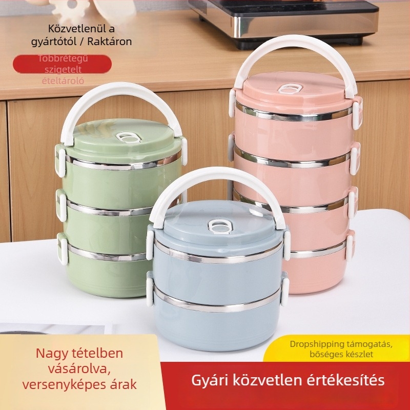 Rozsdamentes acélból készült, szigetelt ebédes doboz, kör alakú, többszintes (3–4 réteg), 501–800 ml, mikrohullámú sütő kompatibilis