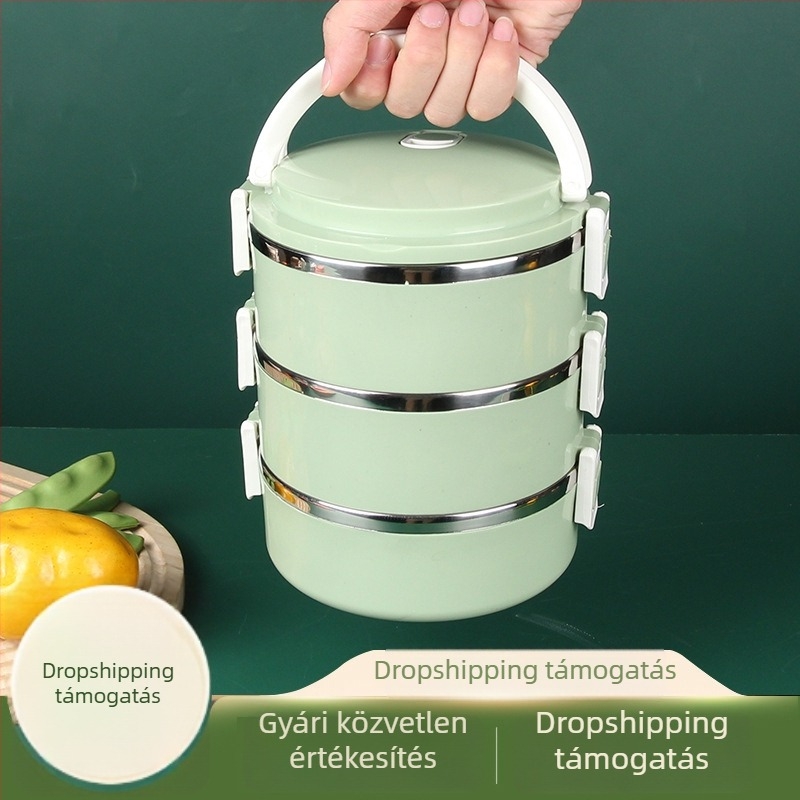 Rozsdamentes acélból készült, szigetelt ebédes doboz, kör alakú, többszintes (3–4 réteg), 501–800 ml, mikrohullámú sütő kompatibilis