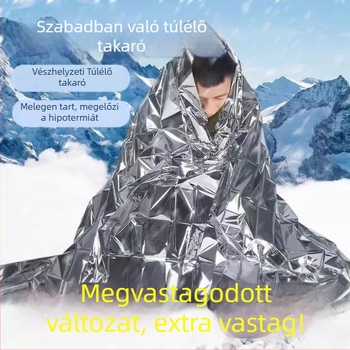 Kültéri túlélő takaró alumíniumfóliával – hidegálló, melegen tart, vízálló és UV-védett, életmentő utazótakaró