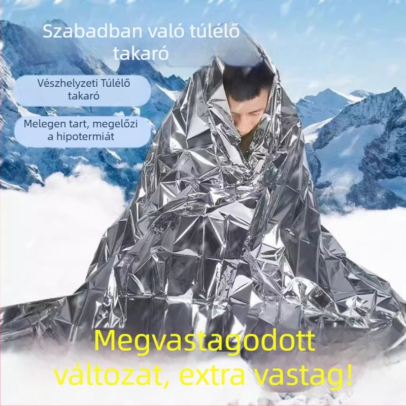 Kültéri túlélő takaró alumíniumfóliával – hidegálló, melegen tart, vízálló és UV-védett, életmentő utazótakaró