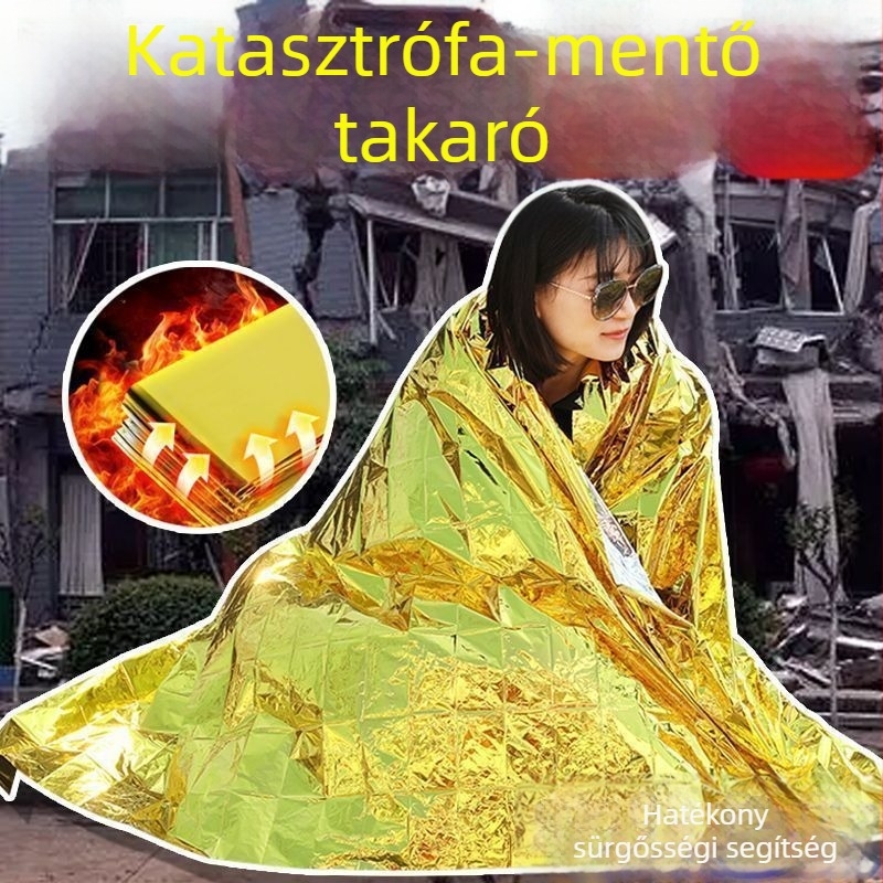 Kültéri túlélő takaró alumíniumfóliával – hidegálló, melegen tart, vízálló és UV-védett, életmentő utazótakaró