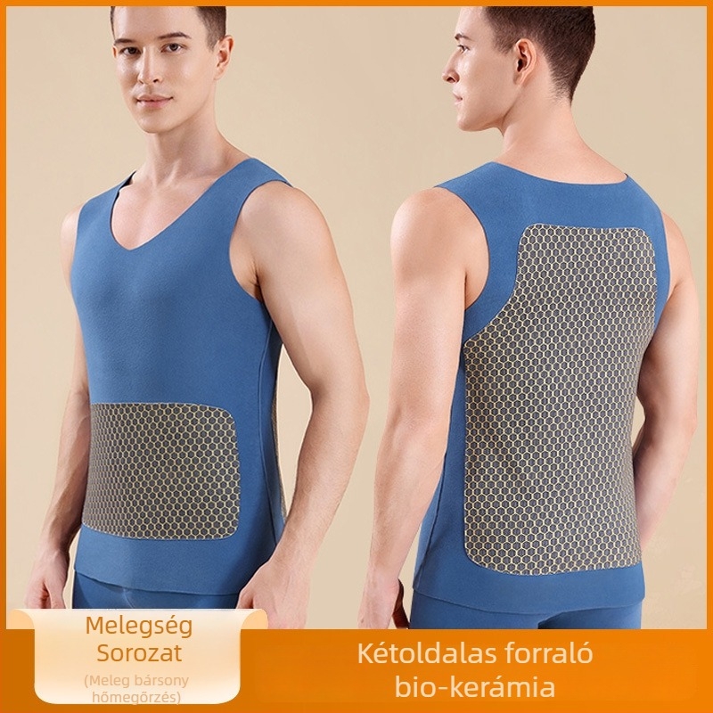 Férfiaknak nylonból készült melegítő mellény, kétoldalas rétegű, velúr részlettel, applikációval (patch), V-nyakú, pulóver