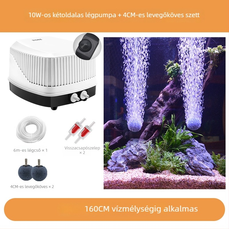 Diafragma-alapú akváriumi oxigénpumpa, nagy légáramlás, csendes működés (≤35 dB), állítható áramlás, AC tápegység, tömeg 1,5 kg, OEM/ODM támogatott, licencelhető magáncímke