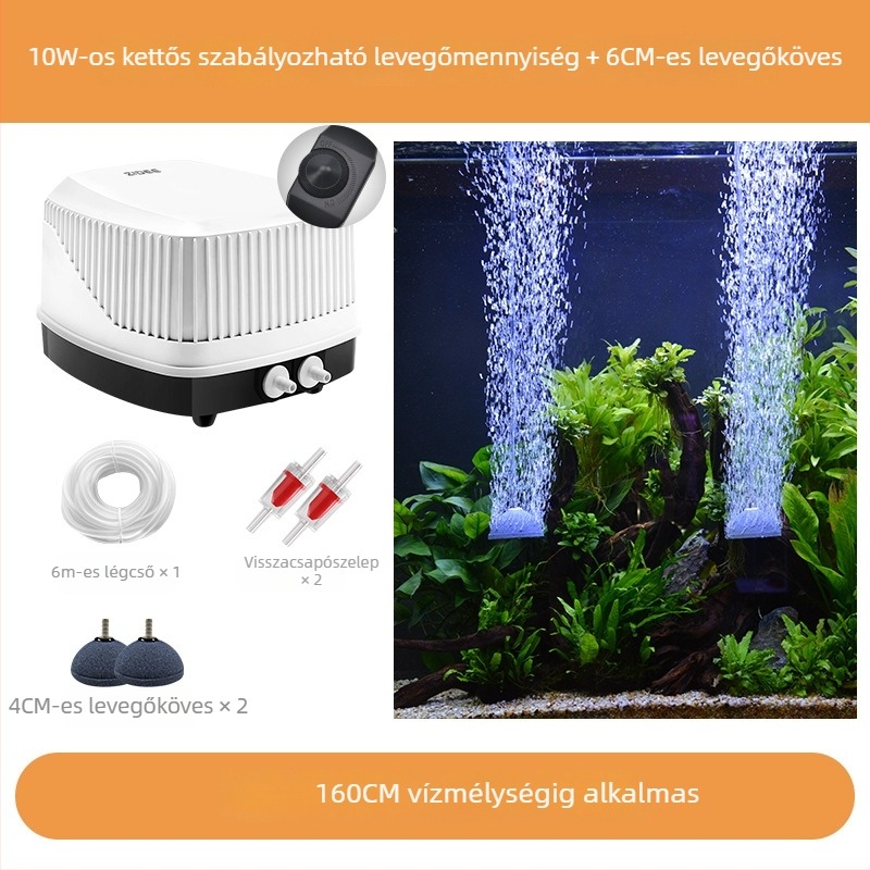 Diafragma-alapú akváriumi oxigénpumpa, nagy légáramlás, csendes működés (≤35 dB), állítható áramlás, AC tápegység, tömeg 1,5 kg, OEM/ODM támogatott, licencelhető magáncímke