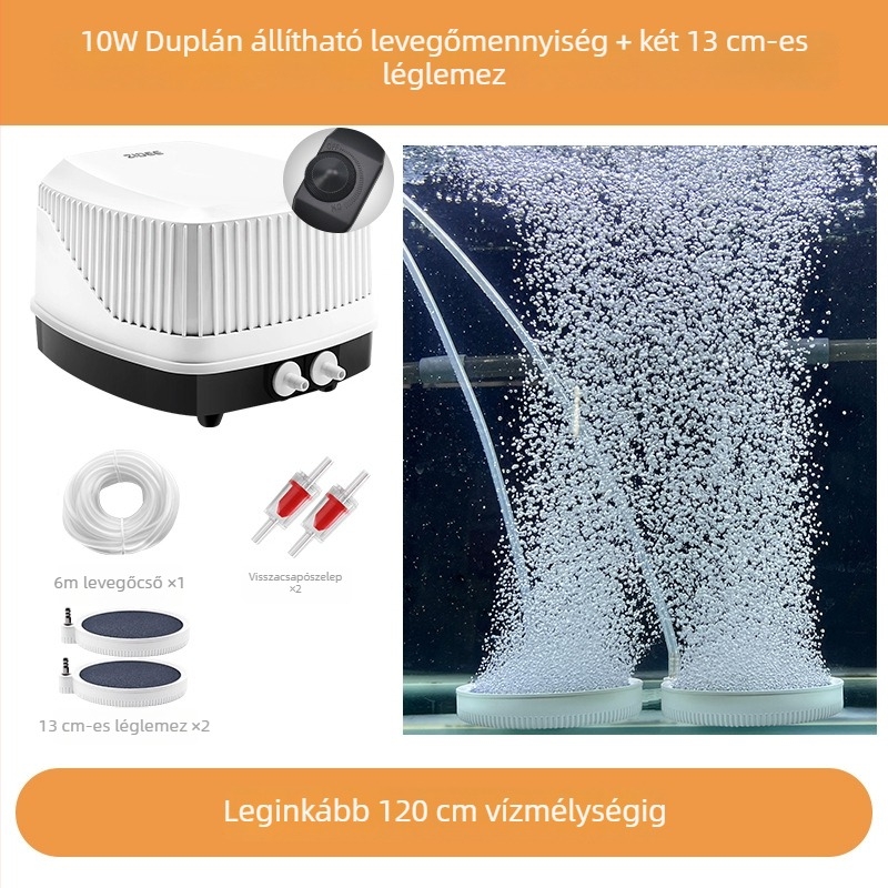 Diafragma-alapú akváriumi oxigénpumpa, nagy légáramlás, csendes működés (≤35 dB), állítható áramlás, AC tápegység, tömeg 1,5 kg, OEM/ODM támogatott, licencelhető magáncímke