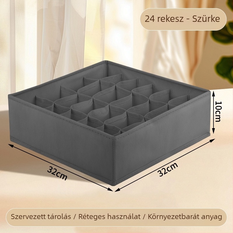 Ruhatartó tároló doboz összecsukható, elválasztókkal, 18L kapacitás, modell 55, anyag: nemszőtt anyag + PP tábla, fehérnemű, zoknik és ruházat számára