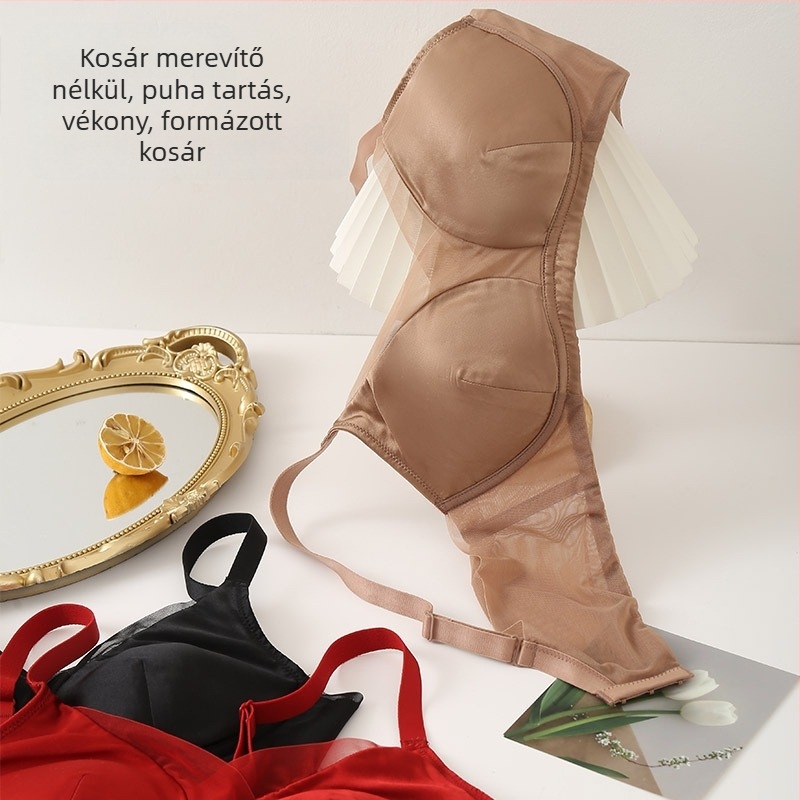 Guolian Szatén selyem melltartó drót nélküli, push-up, mély V-nyílású hálós betéttel, ultra vékony