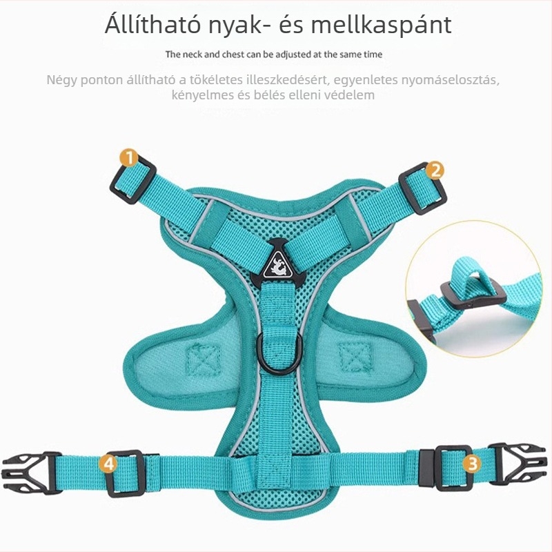 Macska mellkasi hám pórázzal, anti-kioldás, kültéri sétákhoz, fényvisszaverő