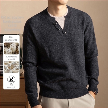 Férfi pulóver, 8% kasmír és 92% gyapjú, imitált két részes megjelenés, vintage stílus, kerek nyakú, jacquard kötés, hosszú ujjú, normál hossz, téli 2025