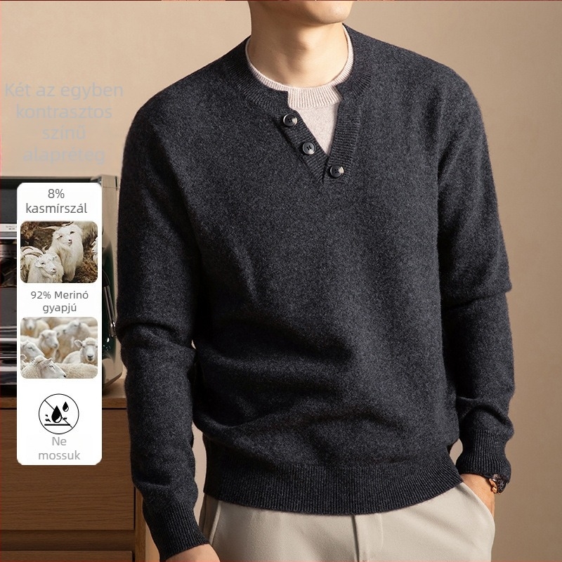 Férfi pulóver, 8% kasmír és 92% gyapjú, imitált két részes megjelenés, vintage stílus, kerek nyakú, jacquard kötés, hosszú ujjú, normál hossz, téli 2025