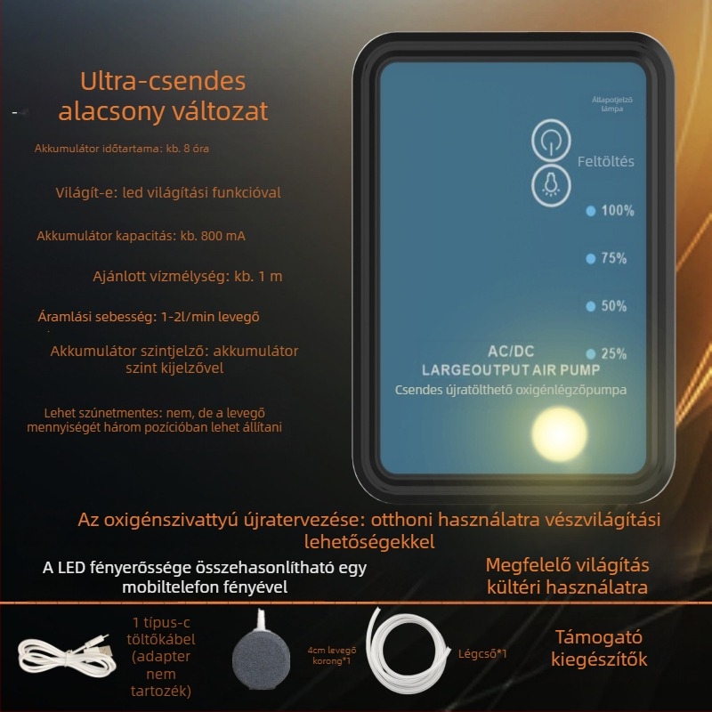 Feltölthető, kétfunkciós oxigénpumpa LED-es világítással horgászathoz, kis USB oxigénpumpa, többfokozatú szabályozás