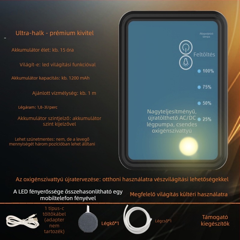 Feltölthető, kétfunkciós oxigénpumpa LED-es világítással horgászathoz, kis USB oxigénpumpa, többfokozatú szabályozás