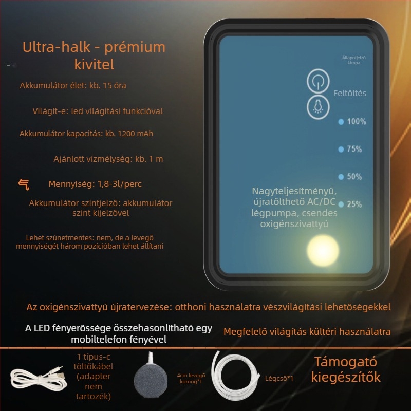 Feltölthető, kétfunkciós oxigénpumpa LED-es világítással horgászathoz, kis USB oxigénpumpa, többfokozatú szabályozás