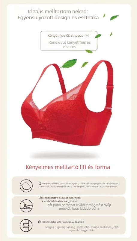 Melltartó – nejlon anyag; acélgyűrűs merevítő; kosár 3/4, vékony kialakítás; csipkés szegély, lélegző; hátul négy sor kampózár