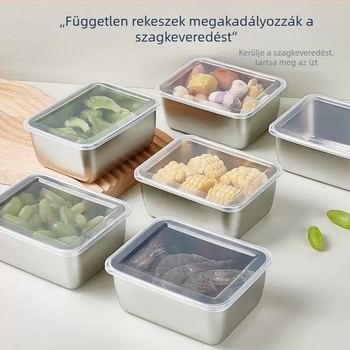 Rozsdamentes acél ételtároló doboz fedővel, téglalap alakú, egyrétegű, kapacitás kevesebb mint 300 ml, frissesség megőrzése