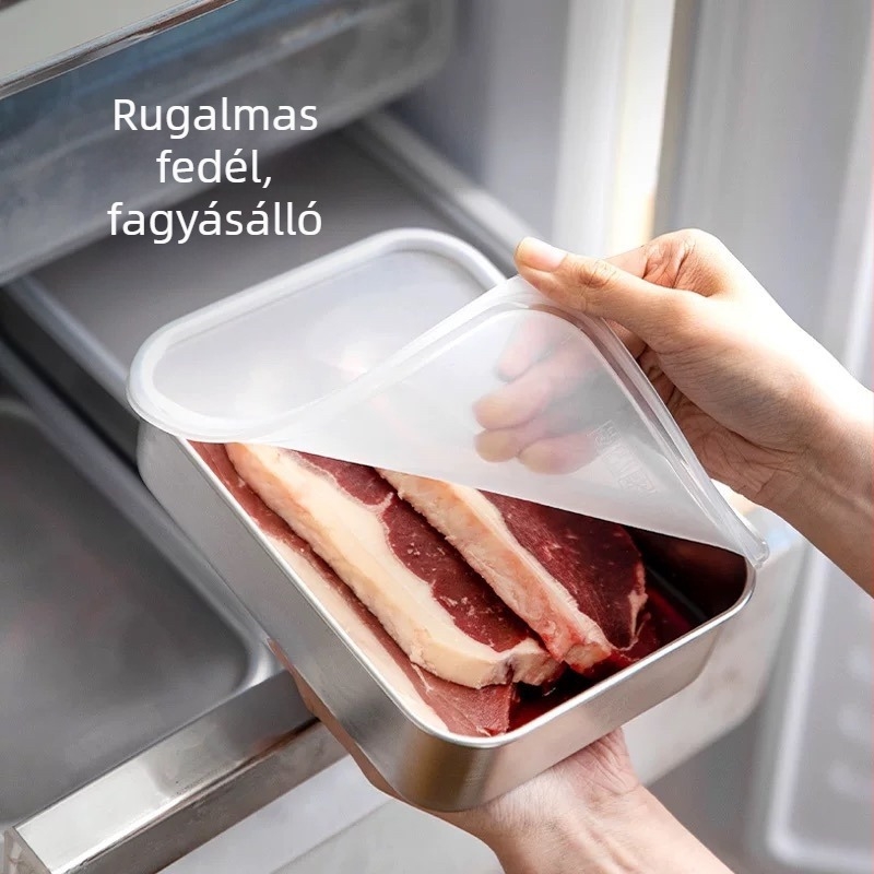 Rozsdamentes acél ételtároló doboz fedővel, téglalap alakú, egyrétegű, kapacitás kevesebb mint 300 ml, frissesség megőrzése