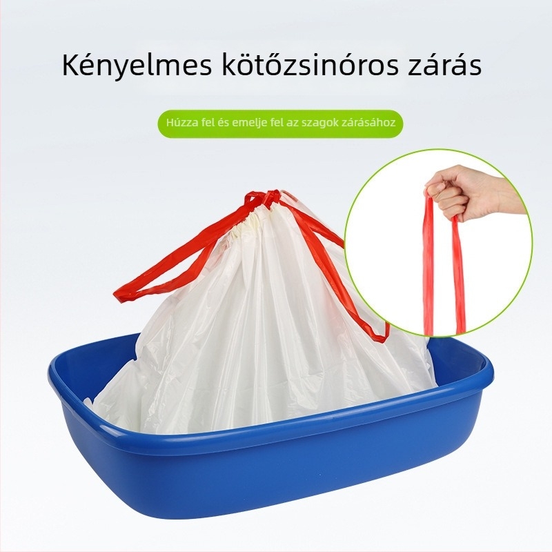 Macskaalom és ürülék zacskó kötőzsinórral – egyszer használatos, vastított, teherbíró PE zacskó