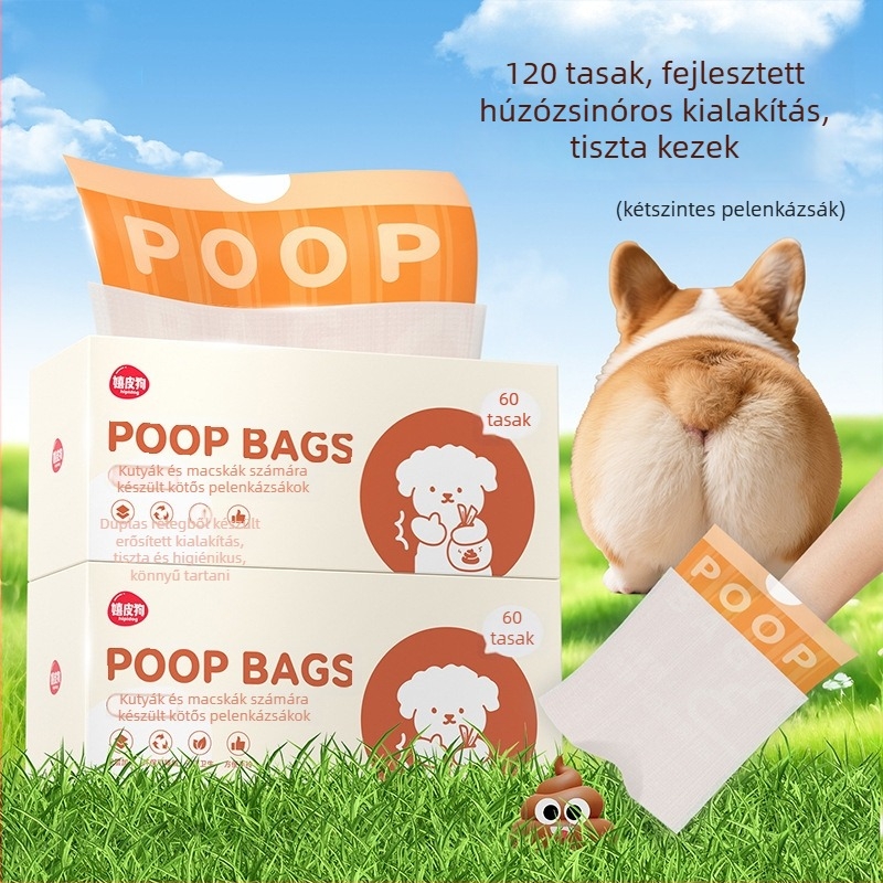 Kisállat ürülék zacskók kötőzsínóros macskáknak és kutyáknak, PE anyag, vastagított, lapos nyílású kialakítás