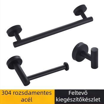 304-es rozsdamentes acélból készült törölközőtartó készlet csavarmentes ruhatartóval és vécépapírtartóval, sütőben lakkozott felülettel, teherbírás 5 kg