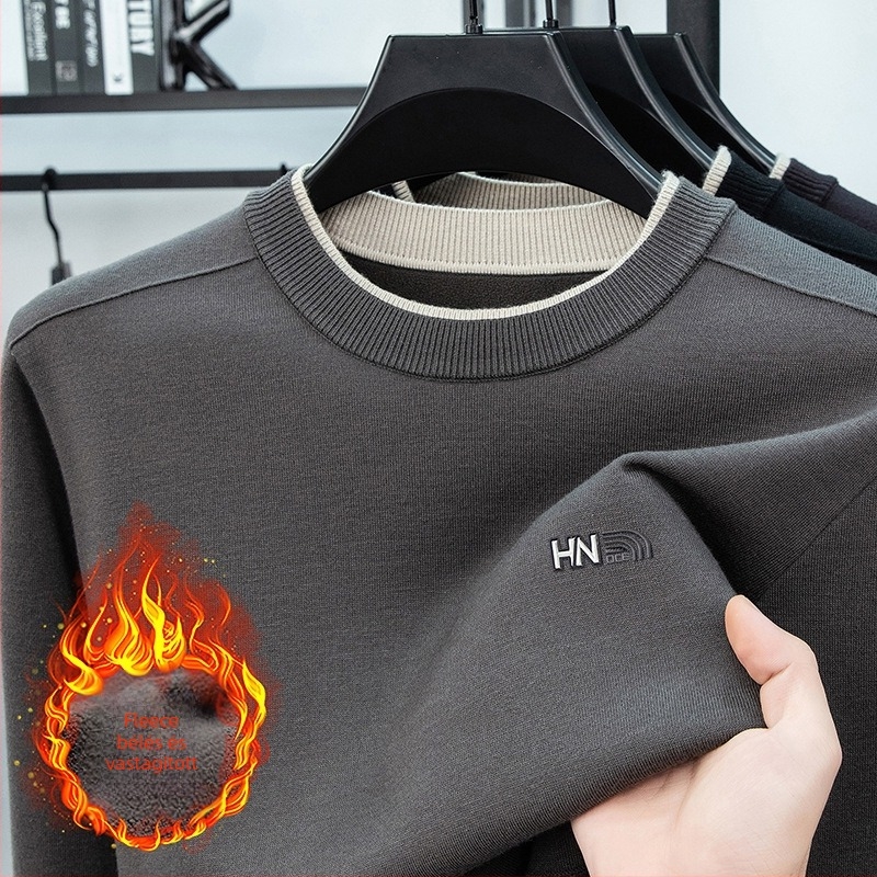 Férfi fleece-szel bélelt vastag gyapjú pulóver, hímzéssel, rugalmas kötés, könnyed luxus stílusban