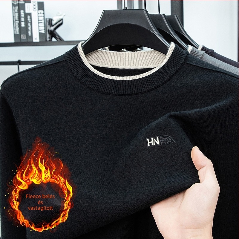 Férfi fleece-szel bélelt vastag gyapjú pulóver, hímzéssel, rugalmas kötés, könnyed luxus stílusban