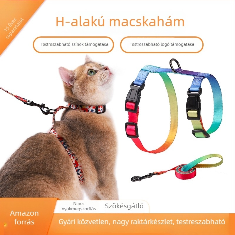Macska H-formájú hám és póráz készlet, I-alakú mellkasi pánttal, menekülés elleni védelem